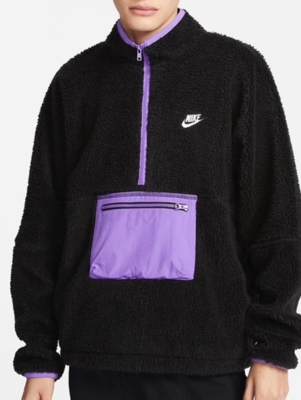 Nike Black Sherpa Half-Zip Pullover with Purple Pocket Trim